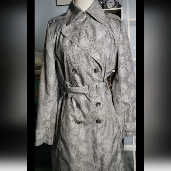 Vtg Snake Print Y2K 80's Trench Coat Rain Double Breast Mod Animal Spy Grunge  S - Picture 3 of 17
